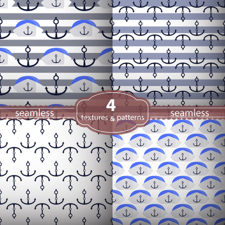 pattern four pieces. anchor and waves. Illustrations used for print, website, smartphone, wallpaper, ornaments, decorations etcのイラスト素材