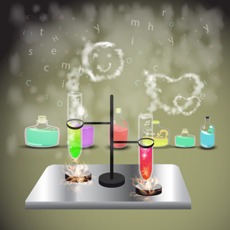 Chemical reaction flask smoke. concept of education. illustration. use a smart phone, website, printing, decorating etcのイラスト素材