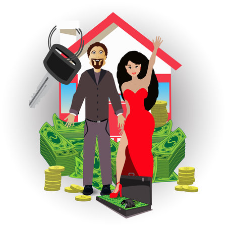 a man and a woman with a house and a pack of money on white background. concept of finance. illustration. use a smart phone, website, printing, decorating etc ...のイラスト素材