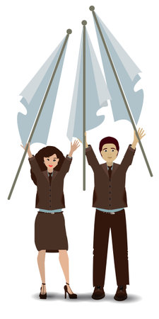 man and woman with the flag. illustration. use a smart phone, website, printing, decorating etc .のイラスト素材