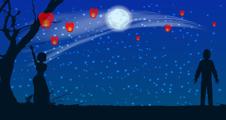 silhouette of lovers let the sky lanterns at the moon in the sky. illustration. use a smart phone, website, printing, decorating etc ...のイラスト素材