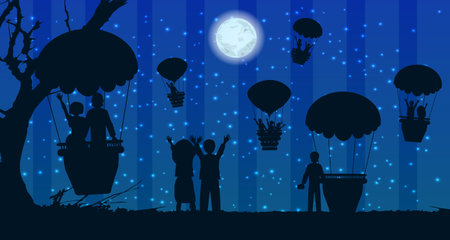 people silhouette travel landscape air balloon. illustration. use a smart phone, website, printing, decorating etc .のイラスト素材