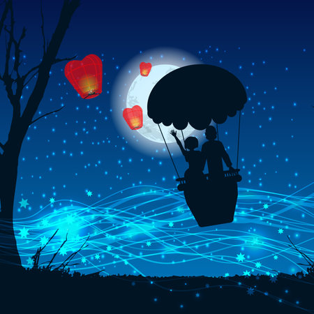 couple in a balloon in the moonlight. illustration. use a smart phone, website, printing, decorating etc .のイラスト素材