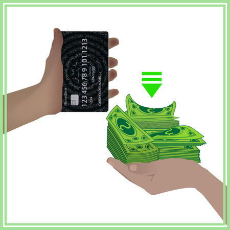 Concept of a bank card is equal to real money. Hand hold credit card realistic money with abstract geometric design, isolated on white background. Vector illustration for your design.のイラスト素材