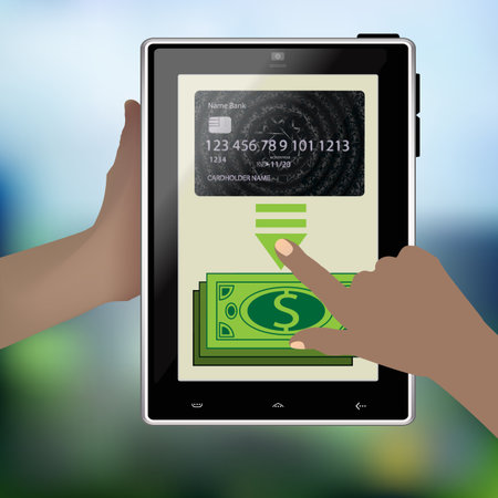 The concept of cashing money. Smart tablet background credit card realistic money with abstract geometric design, isolated on photo background. Vector illustration for your design.のイラスト素材