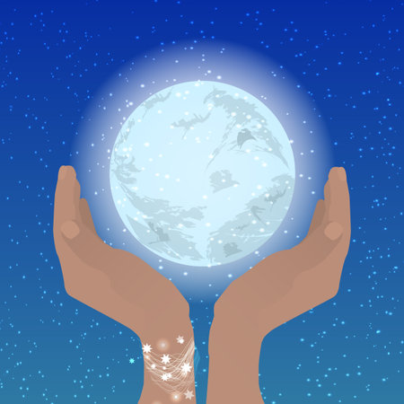 Hands folded boat hold moon sky night. Posture of peace. Help, protection. For your design.のイラスト素材