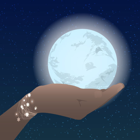 Hand holding the moon on the stars sky. Illustration on white easy to separate background for your designのイラスト素材