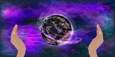 The concept of world domination. Guarding hands to keep the background of space. Planet in space. Vector illustration for your designのイラスト素材