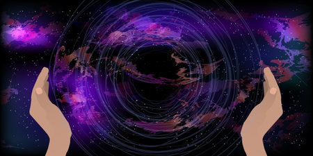 The concept of appeasement of the rest of meditation. Guarding hands to keep the background of space. Stars in space. Vector illustration for your designのイラスト素材