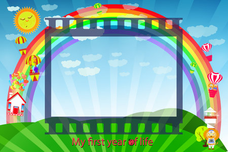 Frame for the child. Frame of a movie tape landscape of a green meadow with a rainbow. Vector illustration for your designのイラスト素材