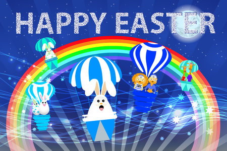 Easter background. illustration. For the design of Easter holidays. Eggs with muzzles on the air balloon flyのイラスト素材