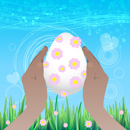 Easter is happy. An egg in a flower in hands. Vector for your designのイラスト素材