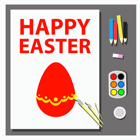 Easter is a happy drawing on a piece of paper. Paint and brushes. Concept of a holiday. Vector for your designのイラスト素材
