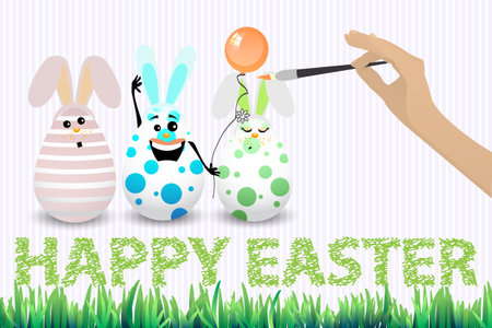 Easter happy three eggs funny brush hand draw on white background isolated vector for your designのイラスト素材