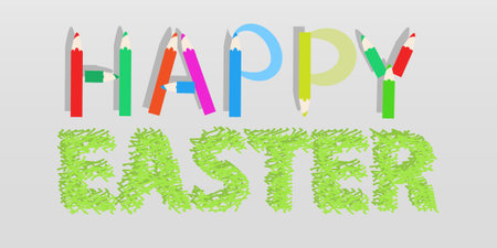 An inscription of Easter from multi-colored pencils and green grass. Illustration for your designのイラスト素材