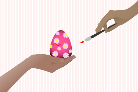 Easter cute illustration for your design. Easter egg on a striped background. Artist paint with a brush.のイラスト素材