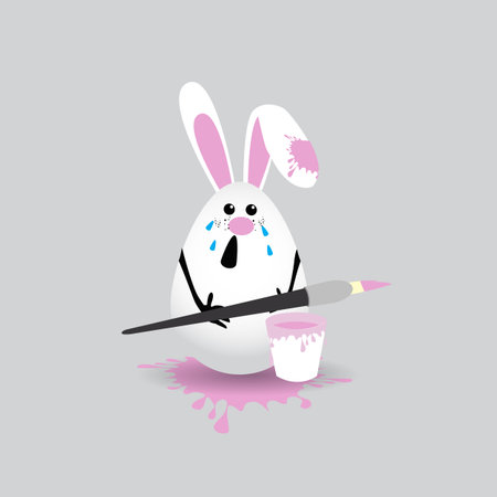 Easter cartoon illustration. A cute egg - a rabbit girl with a brush sobbing a messy ear.のイラスト素材