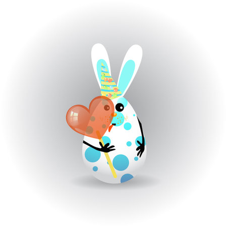 Easter. Egg-rabbit funny with faces illustration for your design. Rabbit cute in blue peas licks lollipop in heart shapeのイラスト素材