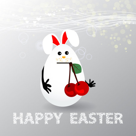 Easter. Egg-rabbit funny with faces illustration for your design. Cute rabbit with cherry in the mouthのイラスト素材