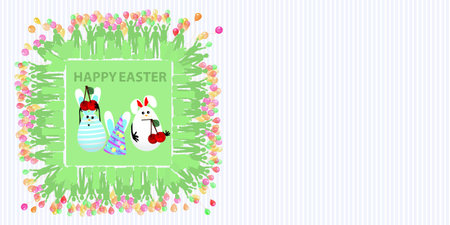 Easter illustration with place for text. Eggs with an air balloon, cherries and a cap on the background of a striped horizontally oriented sheet and a square frameのイラスト素材