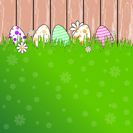 Easter illustration for your design. Multicolored, painted Easter eggs on a background of a wooden retro fence on grass lawnのイラスト素材