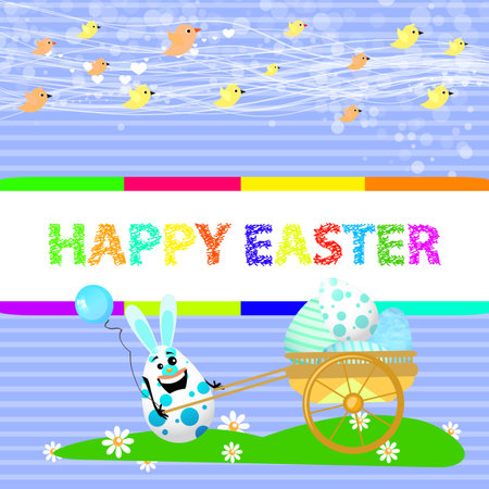 Easter illustration for your design. Colorful, Funny Easter egg-rabbit with a blue balloon carry a cart with a bunch of eggs. The holiday is approachingのイラスト素材