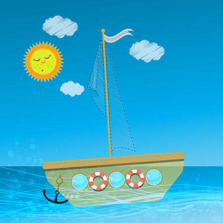 Children s illustration for your design. The ship sails sails on the waves against the sky with clouds and sun. Use for decoration, printing, design ...のイラスト素材