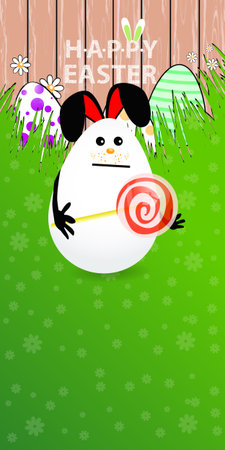 Easter vertical oriented illustration for your design with a place under your text. Cute easter bunny-egg with funny face on a green lawn grass. Keep the candy spiral in your handsのイラスト素材
