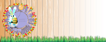 Easter horizontally oriented illustration for your design with a place under your text. A cute Easter bunny-an egg with a funny face. Keep a three-layered bun in your handsのイラスト素材