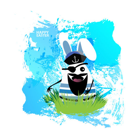 Easter illustration for your design. Cheerful egg-rabbit symbol of a happy Easter on a watercolor background. Isolated on white. Rabbit sailor captain in the grassのイラスト素材