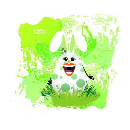 Easter illustration for your design. Cheerful egg-rabbit symbol of a happy Easter on a watercolor background. Isolated on white. A rabbit is hilarious in a green pea. Laughterのイラスト素材