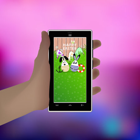 Easter. Hold in your hand a smart phone. Illustration for your design. Eared white rabbit-egg with an anchor and life ringのイラスト素材