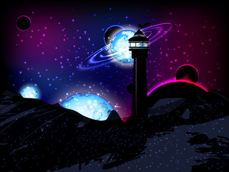 Space. Vector illustration for your design. Beautiful, fantastic and magical. Space landscape. Rings are glowing neon. The starry nebula. Blue planets. Clusters of stars. The lighthouse is silhouettedのイラスト素材