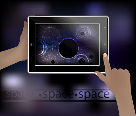 Space picture in a smart phone. space. Vector illustration for your design. Beautiful, fantastic and magical. Space landscape. Spiral nebula. A glowing clot in the form of a circleのイラスト素材