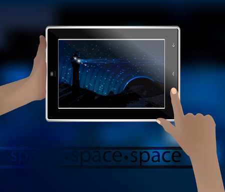 Space picture in a smart phone. space. Vector illustration for your design. Beautiful, fantastic and magical. Horizontally oriented image. Space landscape with a lighthouse. Signal lightのイラスト素材