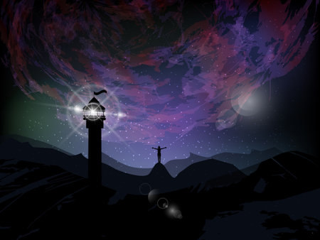 Cosmos bright. Wallpaper for your design. Silhouetted mountains and a beacon - a signal. Sky-cosmospace above the head. Unreal landscapeのイラスト素材