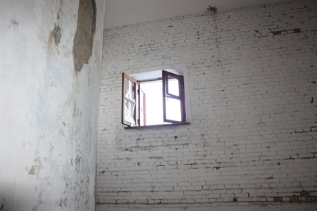 Abandoned building. White brick walls and a window. Photo for your design.