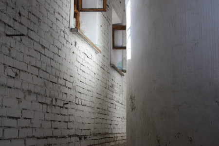 Abandoned building. A brick wall and a window and a wall in white lime. abandoned building. Photo...