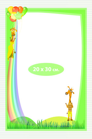 Photo frame for a child. Illustrations for your design. Format for standard photo printing. Format A4. Vertical orientation. Giraffe and giraffe girl flying into the sky.のイラスト素材