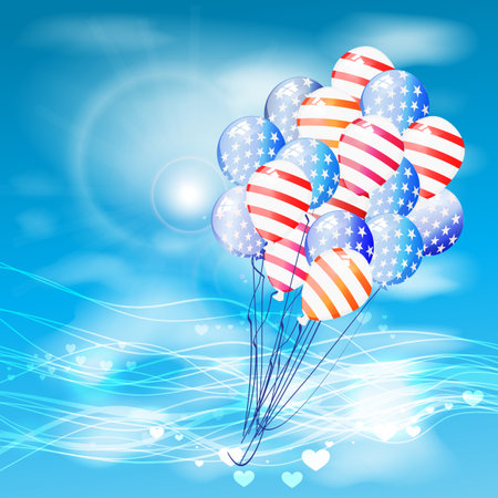 Balloon American flag fly to the festive sky with clouds with a glare. Illustration for your design. Fourth of July. Day of independence. USAのイラスト素材