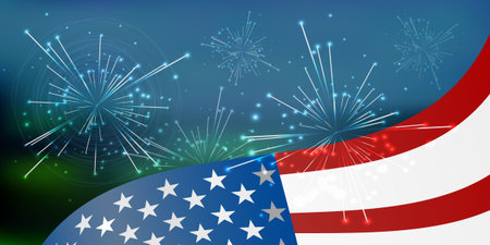American flag develop on festive sky with fireworks glowing. Illustration for your design. Fourth of July. Day of independence. USAのイラスト素材