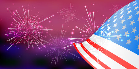 Flag of america on a background of a dark sky with a festive salute. Illustration for your design. Fourth of July. Day of independence. USAのイラスト素材