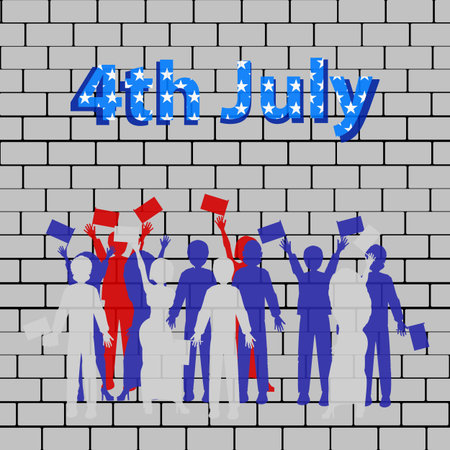 US Independence Day. Silhouettes of people with an American flag on a brick wall background. Street art. Illustration, vector for your design. Fourth of July. People's holidayのイラスト素材