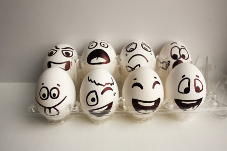Eggs face. The gay egg company is eight pieces funny and serious. Photo for your designの写真素材