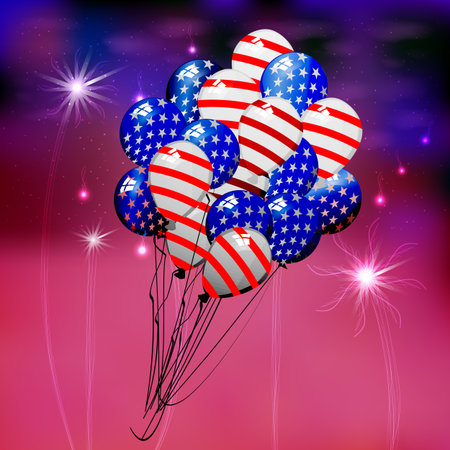American flag is the US Independence Day. Balloons against the sky and salute. Illustration, vector for your designのイラスト素材