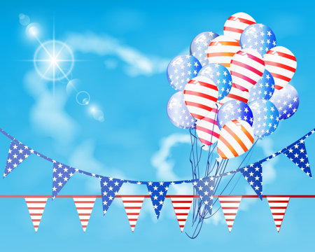 American flag is the US Independence Day. Balloons and festive flags against the blue sky. Illustration, vector for your designのイラスト素材