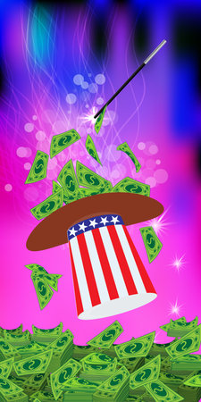 PRESIDENTIAL HATS USA. MAGIC AND MIRACLE. AMERICAN DOLLARS, MONEY. PAPER AND GREEN GETTING STRAIGHT WIZARD. Vertical orientation of the sheet. Illustrationのイラスト素材