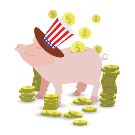 Pig cap in the hat with the flutter of the American flag and a lot of gold coins. MONEY TO PICK UP. Illustration for your design.のイラスト素材