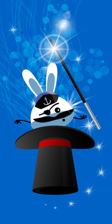 CYLINDER FOCUS HATS. RABBIT MAGIC in the cap of the sailor captain. FOCUS WITH MAGIC STYLE. MAGIC AND MIRACLE. Vertical orientation of the sheet. Illustration for your design.のイラスト素材