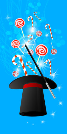 CYLINDER FOCUS HATS. SWEET SWEETS, CANDIES AND BAND WICKERS FOCUS WITH MAGIC STYLE. MAGIC AND MIRACLE. Vertical orientation of the sheet. Illustration for your design.のイラスト素材